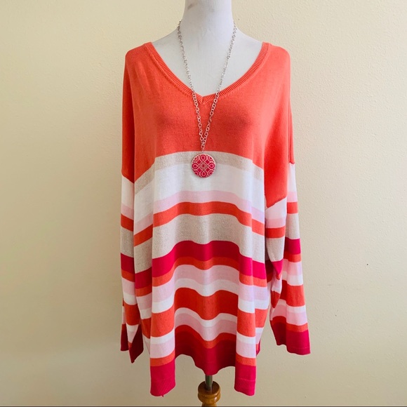 Avenue Sweaters - Avenue Knit Sweater 4X Color Block Cutout V Neck
